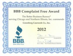 Complaint Free Award given to Greenberg Casework Company Inc for the 2012 calendar year
